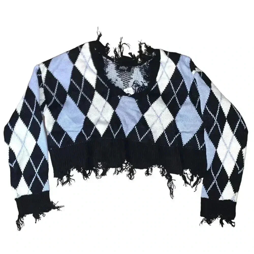 Just Polly Fringe Blue Argyle Plaid Sweater